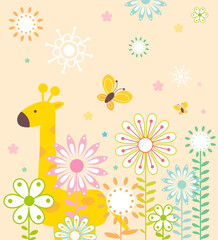 giraffe butterfly animal jungle spring morning floral fauna nature story book cover abstract background pattern element wallpaper vector