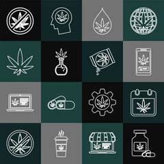 Set line Medical bottle with marijuana, Calendar and, Online buying, Marijuana or cannabis leaf oil, Test tube, Stop and seeds icon. Vector