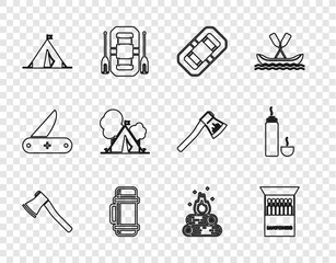 Set line Wooden axe, Open matchbox and matches, Rafting boat, Thermos container, Tourist tent with flag, Campfire and icon. Vector