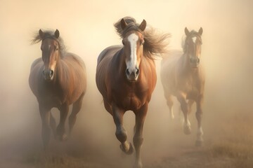 A movie scene of three horses galloping in the fog