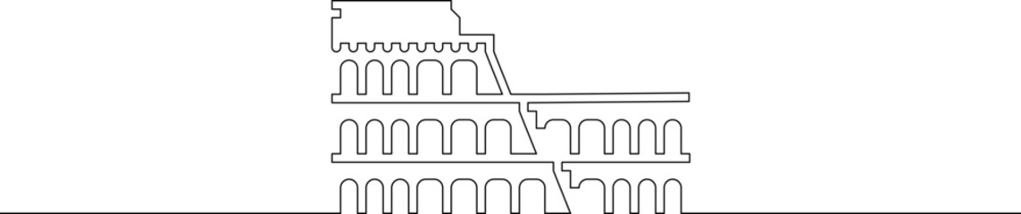 One continuous line. History of architecture. Historic buildings. Tourist attraction. Ancient Rome.Colosseum. One continuous line drawn isolated, white background.