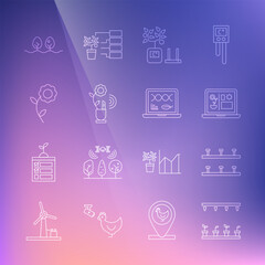 Set line Automatic irrigation sprinklers, Smart farming technology, Flower, Plant and Genetic engineering modification icon. Vector