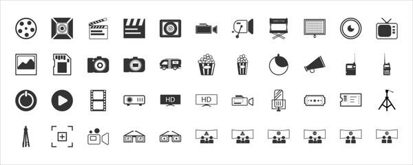 Shooting set icon. Film shooting, broadcasting, film player, camera, lighting, led portable, sd card, handy talky, clip on, projector, microphone, movie concepts, and age rating film classification.