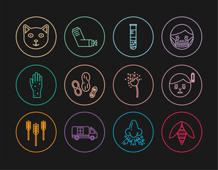 Set line Bee, Fatigue, Test tube and flask, Peanut, Hand with psoriasis or eczema, Pet, Flower producing pollen and Inhaler icon. Vector