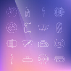 Set line Car door handle, Sport steering wheel, tire, muffler, Truck side mirror, Speedometer and Windscreen wiper icon. Vector