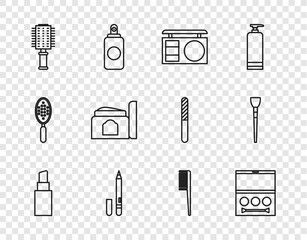 Set line Lipstick, Eye shadow palette, Eyeliner, eyebrow, Hairbrush, Cream cosmetic tube, and Makeup icon. Vector