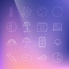 Set line Eclipse of the sun, Sunset, Weather forecast, Moon, protective umbrella beach, Meteorology thermometer and Calendar and icon. Vector