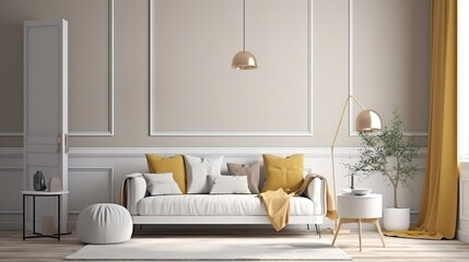 Obraz premium White sofa with decor and mockup frames on wall in Scandinavian style interior. Generative Ai