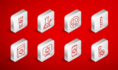 Set line Chemical test tube with marijuana, Glass bong for smoking cannabis, Peace, Marijuana joint, Mobile and, Medical cream, Location and Book icon. Vector