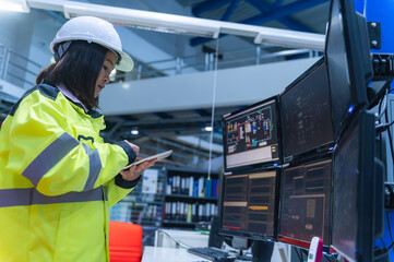 Engineer computer worker on High-performance computers with a lot of monitor in large factory,Control the operation of large machines,Write a program to run the robot,Programmer working with serious