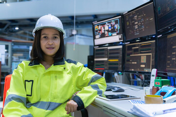 Engineer computer worker on High-performance computers with a lot of monitor in large factory,Control the operation of large machines,Write a program to run the robot,Programmer working with serious