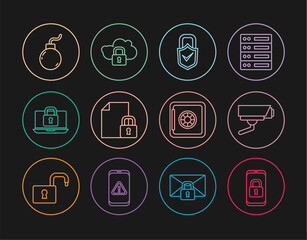 Set line Mobile with closed padlock, Security camera, Lock and check mark, Document, Laptop, Bomb ready explode, Safe and Cloud computing icon. Vector