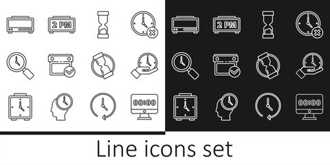 Set line Clock on monitor, Old hourglass, Calendar with check mark, Magnifying clock, Digital alarm, and icon. Vector