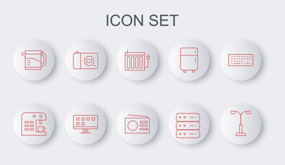 Set line Street light, Coffee machine, Heating radiator, Server, Data, Web Hosting, Electric kettle, Photo camera, Smart Tv and Radio icon. Vector