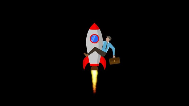 a businessman with a briefcase on a rocket flies into space,transparent background (alpha channel) perfect loop

