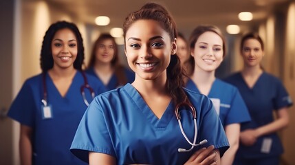 Fototapeta premium Portrait group of diverse Female nurses together, generative ai