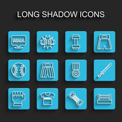 Set line MMA glove, T-shirt with fight club, Fight, Chest expander, Boxing ring, short, Japanese katana and Medal icon. Vector