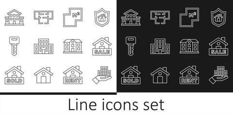 Set line Skyscraper, Hanging sign with Sale, House plan, key, and icon. Vector