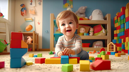Cute boy playing with kids blocks in his room. Postproducted generative AI illustration.