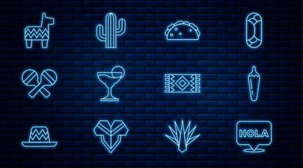 Set line Hola, Hot chili pepper pod, Taco with tortilla, Margarita cocktail, Maracas, Pinata, Mexican carpet and Cactus icon. Vector © vector_v