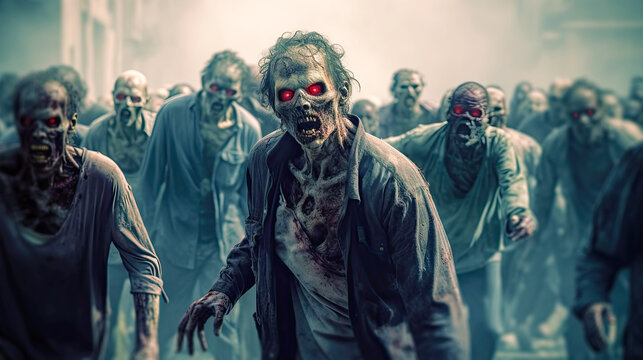 Crowd of zombies running forward after world apocalypse. Postproducted generative AI illustration.