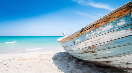 Fototapeta premium A rustic wooden sail boat on a tropical beach against a teal blue ocean and summer sky background. A.I. generated
