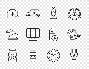 Set line Propane gas tank, Electric plug, Antenna, LED light bulb, Check engine, Solar energy panel, Power button and Global power planet icon. Vector