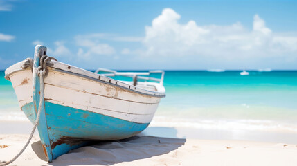 Naklejka premium A rustic wooden sail boat on a tropical beach against a teal blue ocean and summer sky background. A.I. generated