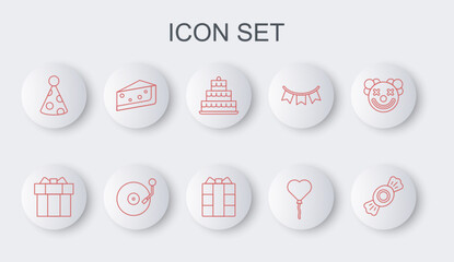 Set line Candy, Gift box, Cake with burning candles, Balloons form of heart, Party hat, Piece cake, Vinyl player disk and icon. Vector