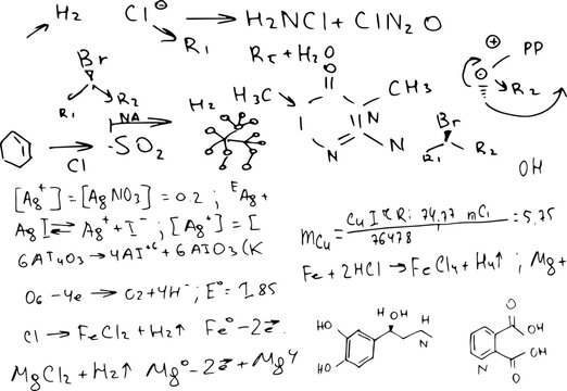 chemical formulas . the scientific educational background is hand-drawn on a whiteboard.