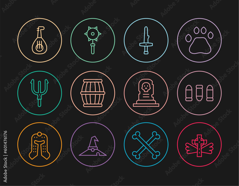 Sticker set line christian cross, bullet, dagger, gun powder barrel, neptune trident, lute, grave with tombs