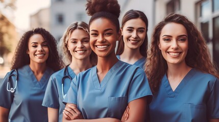 Portrait group of diverse Female nurses together, generative ai