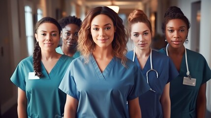 Portrait group of diverse Female nurses together, generative ai