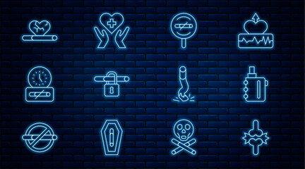 Set line Joint pain, knee pain, Electronic cigarette, No smoking, time, Heart disease with, Cigarette butt and cross icon. Vector