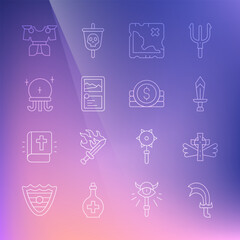 Set line Sword for game, Christian cross, Pirate treasure map, Card collection, Magic ball, Body armor and Ancient coin icon. Vector