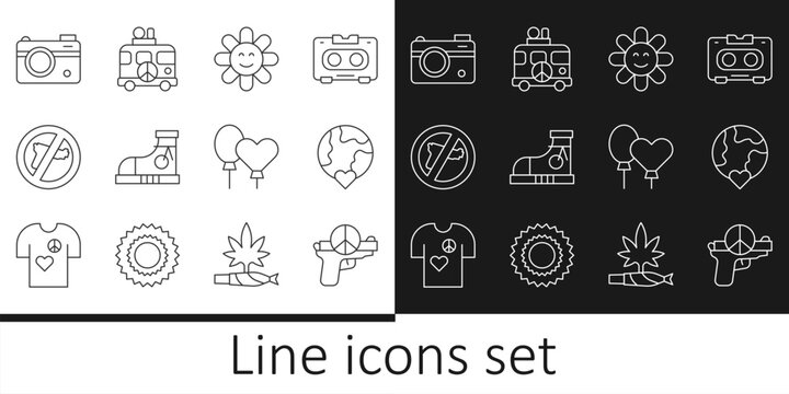 Set line No war, The heart world - love, Flower, Sneakers, Photo camera, Balloons and Hippie camper van icon. Vector