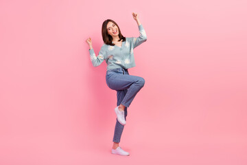 Fototapeta na wymiar Full length portrait overjoyed crazy girl celebrate great victory win lottery jackpot money sale isolated pink color background