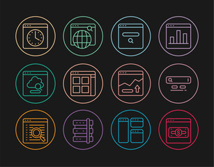 Set line Online shopping on screen, Search engine, Browser files, Cloud technology data transfer, window, Financial growth increase and icon. Vector