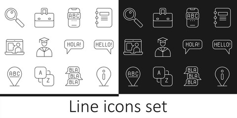 Set line Information, Hello in different languages, Foreign online study, Graduate and graduation cap, Magnifying glass, Hola and Briefcase icon. Vector © vector_v
