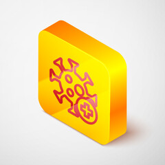 Isometric line Positive virus icon isolated on grey background. Corona virus 2019-nCoV. Bacteria and germs, cell cancer, microbe, fungi. Yellow square button. Vector.