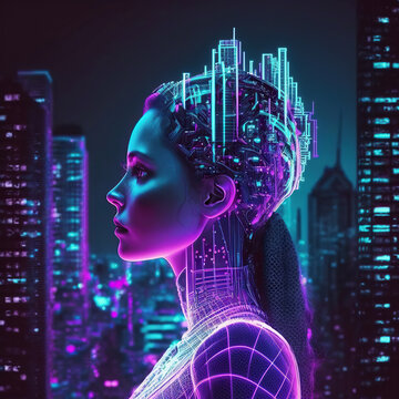 Ai generated illustration of  artificial intelligence cyborg woman in a futuristic cyberpunk neon city