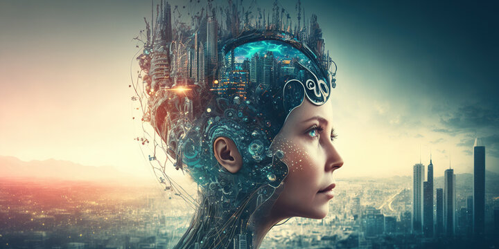 Ai generated illustration of  artificial intelligence cyborg woman in a futuristic cyberpunk neon city