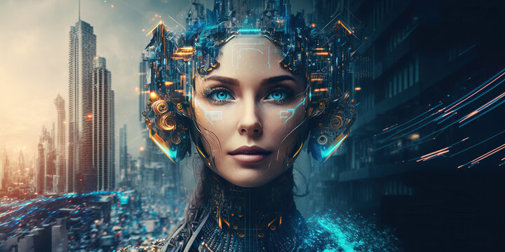 Ai generated illustration of  artificial intelligence cyborg woman in a futuristic cyberpunk neon city