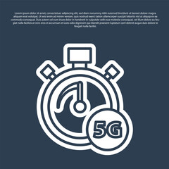 Blue line Digital speed meter concept with 5G icon isolated on blue background. Global network high speed connection data rate technology. Vector