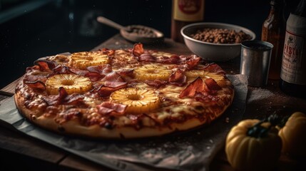 Juicy delicious pizza with pineapple with melted cheese, not healthy but tasty food, generative ai