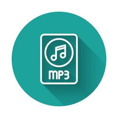 White line MP3 file document. Download mp3 button icon isolated with long shadow. Mp3 music format sign. MP3 file symbol. Green circle button. Vector