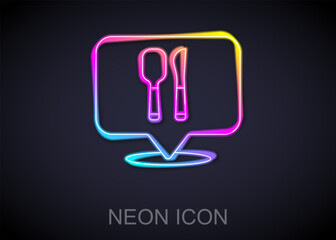 Glowing neon line Cafe and restaurant location icon isolated on black background. Fork and spoon eatery sign inside pinpoint. Vector.