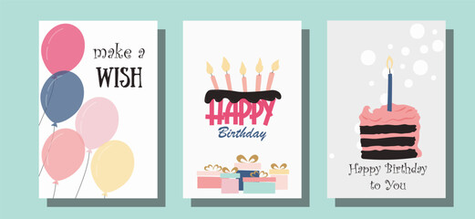 Birthday card. Greeting card. Invitation. Save the date. Festive decor. Cake, cupcake, candles, balloons, gifts