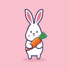 Cute rabbit holding carrot cartoon vector illustration. Cartoon character icon. Rabbit Animal mascot logo, sticker for Easter bunny holiday t shirt design.