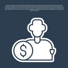 Blue line Buy football or soccer player icon isolated on blue background. Vector